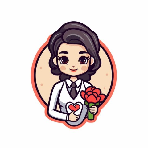 Cute female doctor holding bouquet of flowers. Vector illustrati