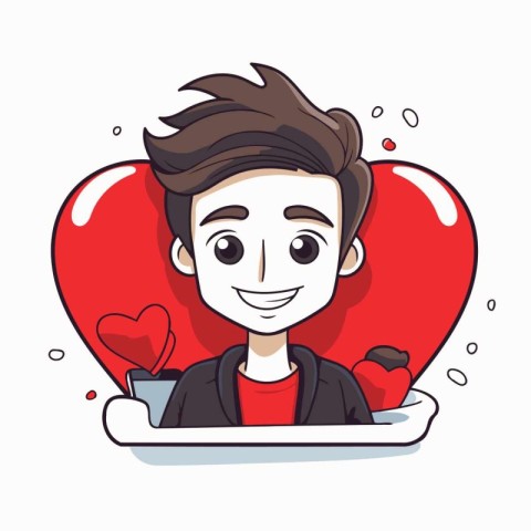 Happy young man with red heart. Valentine's day vector illustrat