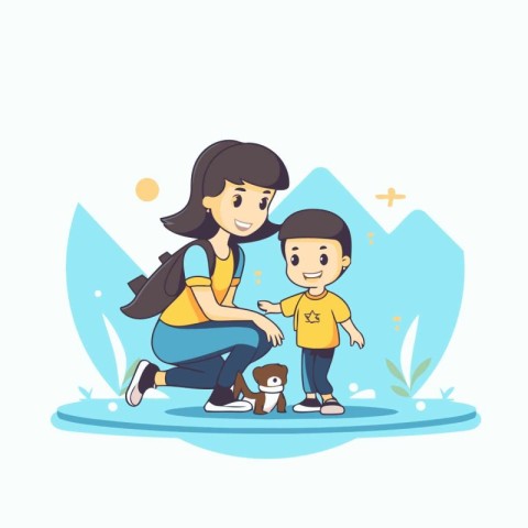 Mother and son playing in the park. Flat style vector illustrati