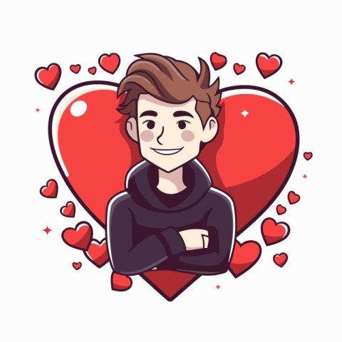 Vector illustration of a young man in love with a red heart.