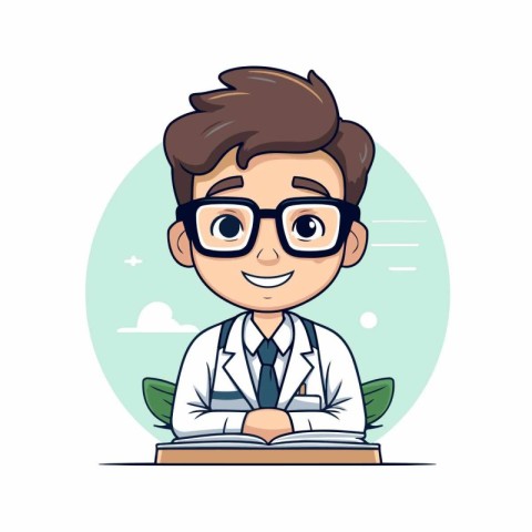 Cartoon vector illustration of a young doctor in glasses sitting