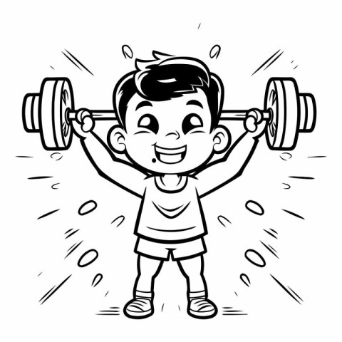 Boy lifting a barbell. Black and white vector illustration for c