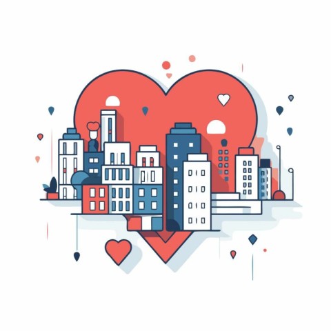 Vector illustration of city with heart in flat linear style. Lov