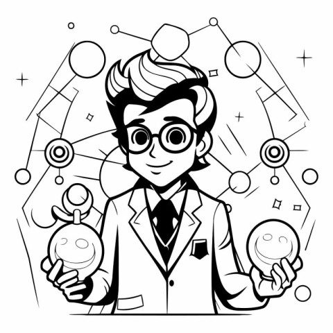 Vector illustration of a scientist in lab coat and glasses holdi