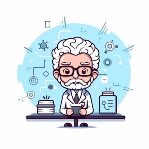 Scientist with tablet computer. Vector illustration in a flat st
