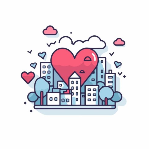 Love city concept in thin line style. Heart in the city. Vector