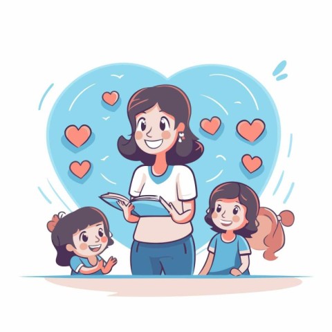 Mother reading book to her daughters. Vector illustration in car