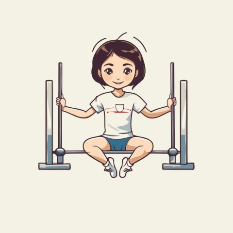 Little girl doing pull-ups on parallel bars. Vector illustration