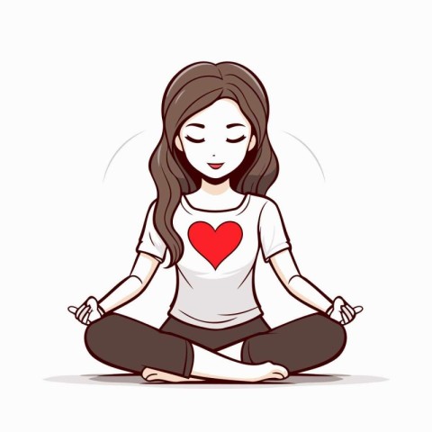 Woman meditating in lotus position with red heart. Vector illust