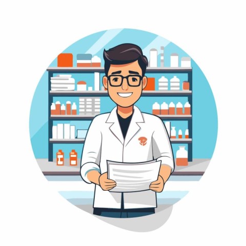 Pharmacist in the pharmacy. Vector illustration in a flat style.