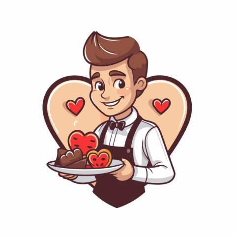 Cute cartoon waiter holding a plate with heart-shaped cookies. V