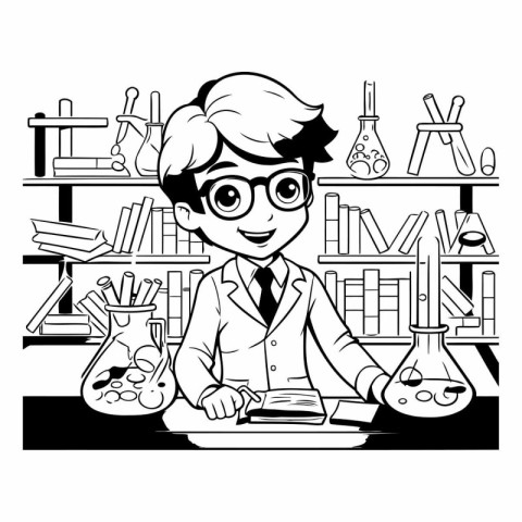 Scientist working in laboratory. Black and white vector illustra