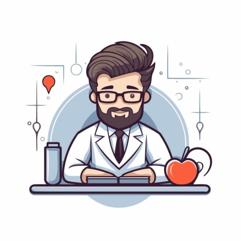 Doctor with a beard sitting at the table. Vector illustration in