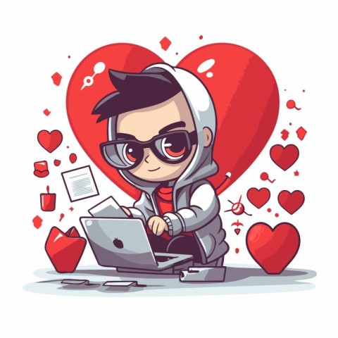 Cute cartoon boy with laptop and red hearts. Vector illustration