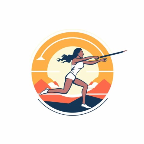 Athletic woman running with a javelin. Vector illustration