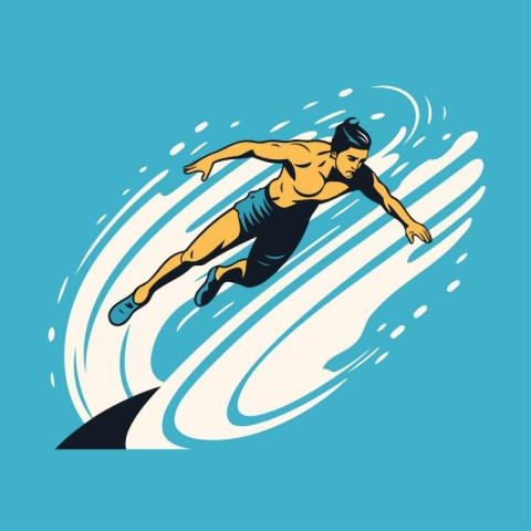 Male swimmer jumping from a wave. Vector illustration in retro s