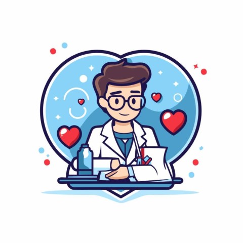 Doctor with stethoscope and bottle of medicine. Vector illustrat