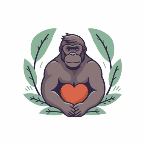 Gorilla with heart. Vector illustration in cartoon style on whit