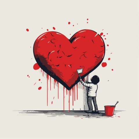 Man painting red heart with paint roller. Vector illustration in