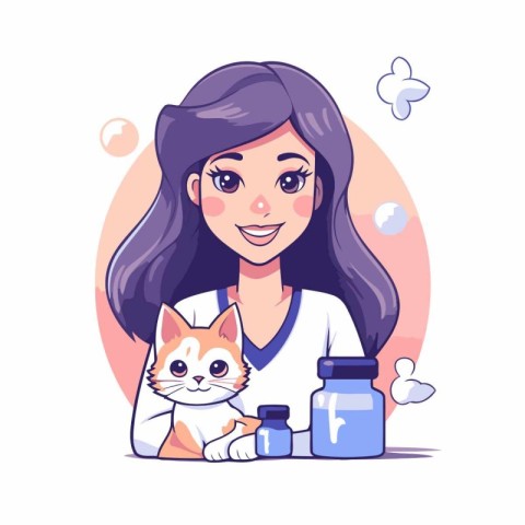 Veterinarian and cat. Cute girl with a cat. Vector illustration