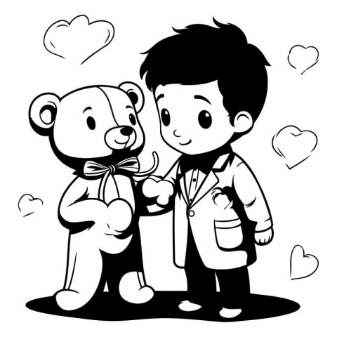 Cute boy with a teddy bear. Black and white vector illustration