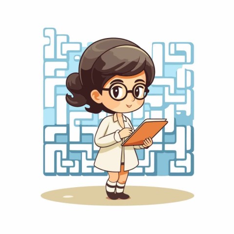 Cartoon girl with a tablet in the maze. Vector illustration.