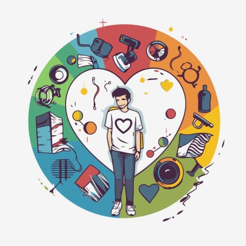 Vector illustration of a young man with a heart in his hands.