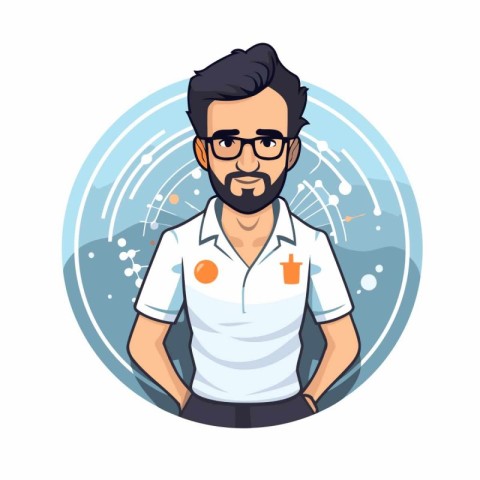 Scientist man in white shirt and glasses. Vector illustration in