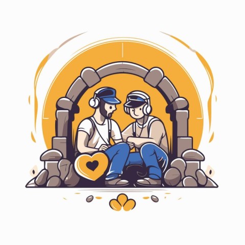 Couple sitting on the stone in the park. Vector illustration.