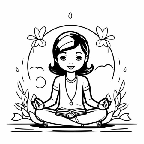 Girl meditating in lotus pose. Black and white vector illustrati