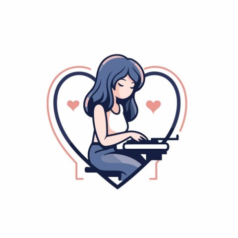 Vector illustration of a girl typing on a typewriter with a hear