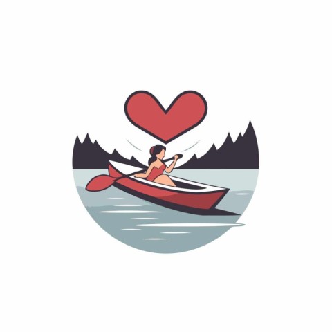 Man in a boat with a heart on the background of the lake. Vector