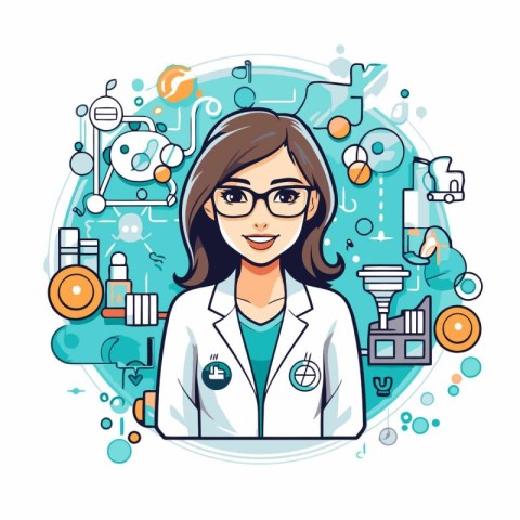 Scientist woman in medical uniform. Vector illustration in thin