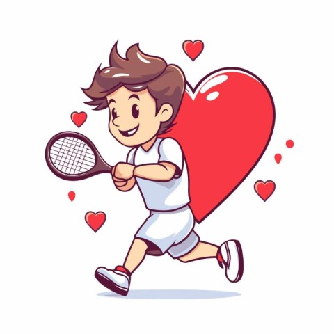 Tennis player running with a big red heart. Vector illustration.