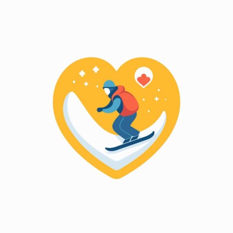 Snowboarder in a heart-shaped sticker. Flat vector illustration.