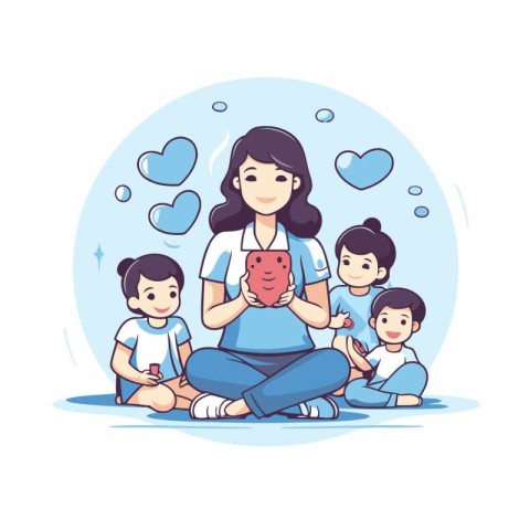 Mother and children playing with smartphone. Vector illustration