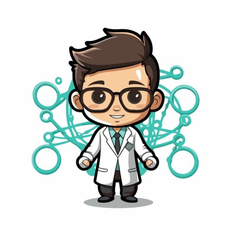 Scientist boy with science molecule character cartoon vector ill