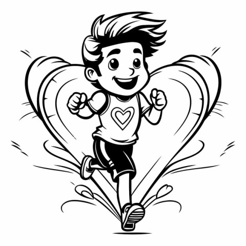 Cute Boy Running With Heart Shape - Black and White Cartoon Illu