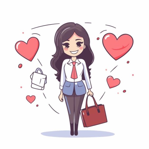 Beautiful girl with a briefcase and hearts. Vector illustration.