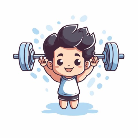 Cartoon boy lifting barbell. Sport and fitness theme vector illu