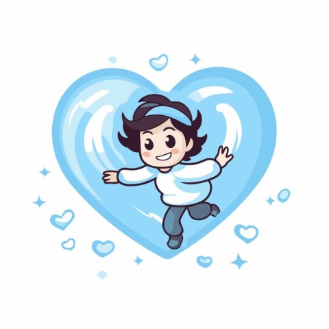 Cute little boy in love with heart shape. Vector illustration.