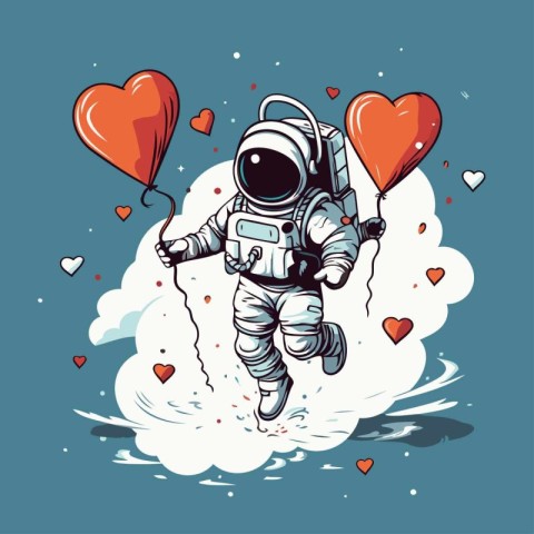 Astronaut flying in the sky with hearts. Vector illustration.