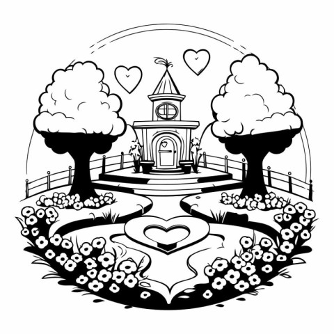 Garden and church in the shape of a heart. Black and white vecto