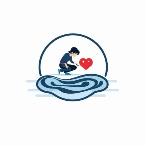 Illustration of a boy playing with a heart on the water.