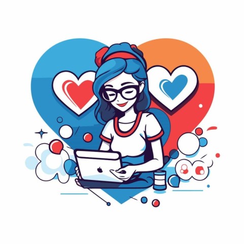 Vector illustration of a woman with glasses using a laptop on a