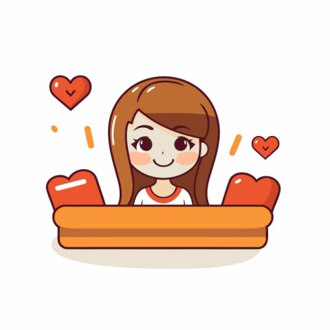 Cute girl with long hair sitting in bed. Vector illustration.