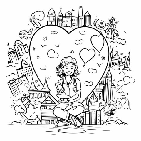 Cute little girl with heart in the city. Vector illustration.