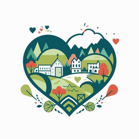 Village in heart shape. Countryside landscape. Vector illustrati