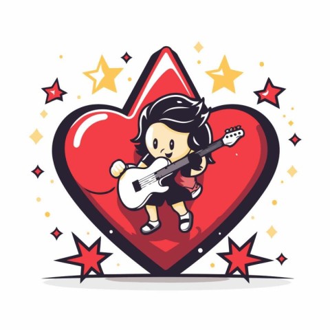 Cute little boy playing guitar in heart shape. Vector illustrati