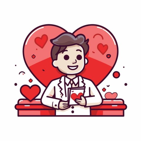 Cute cartoon man holding a valentine card. Vector illustration.